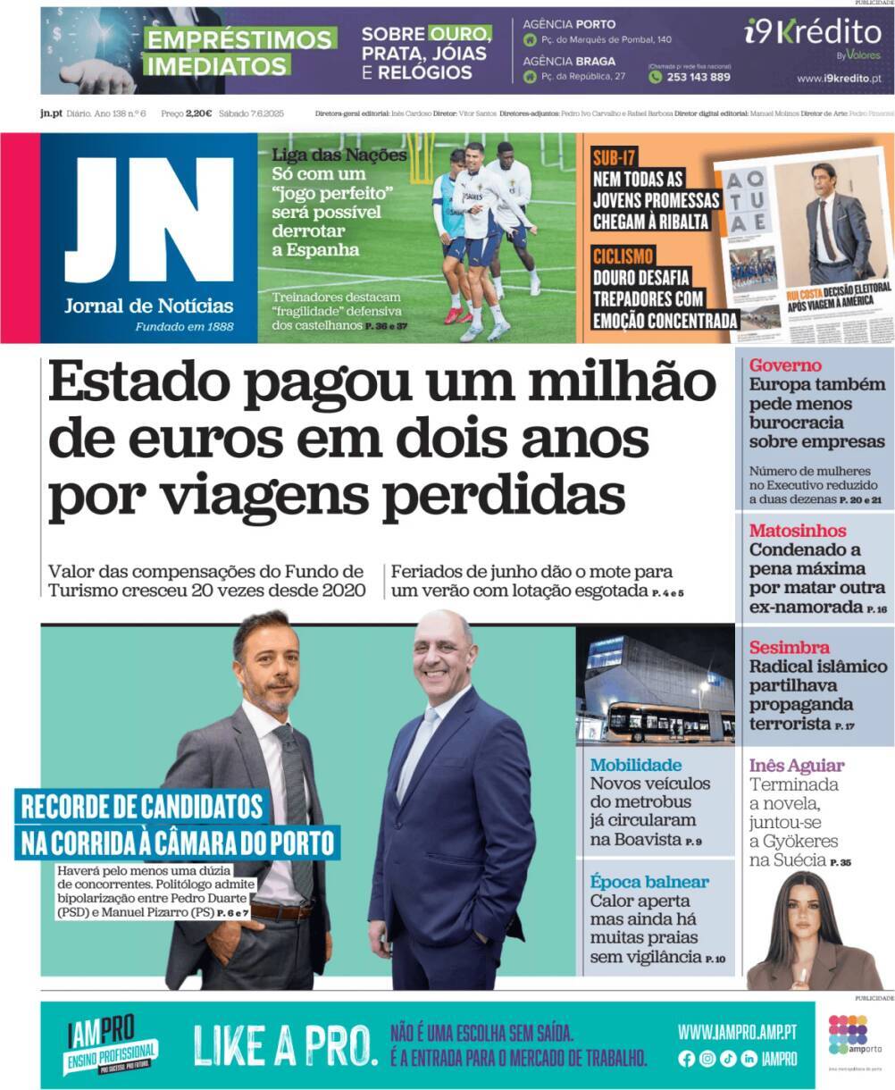 Jornal de Not&iacute;cias: Capa da Edi&ccedil;&atilde;o de s&aacute;bado, 07 de junho 2025