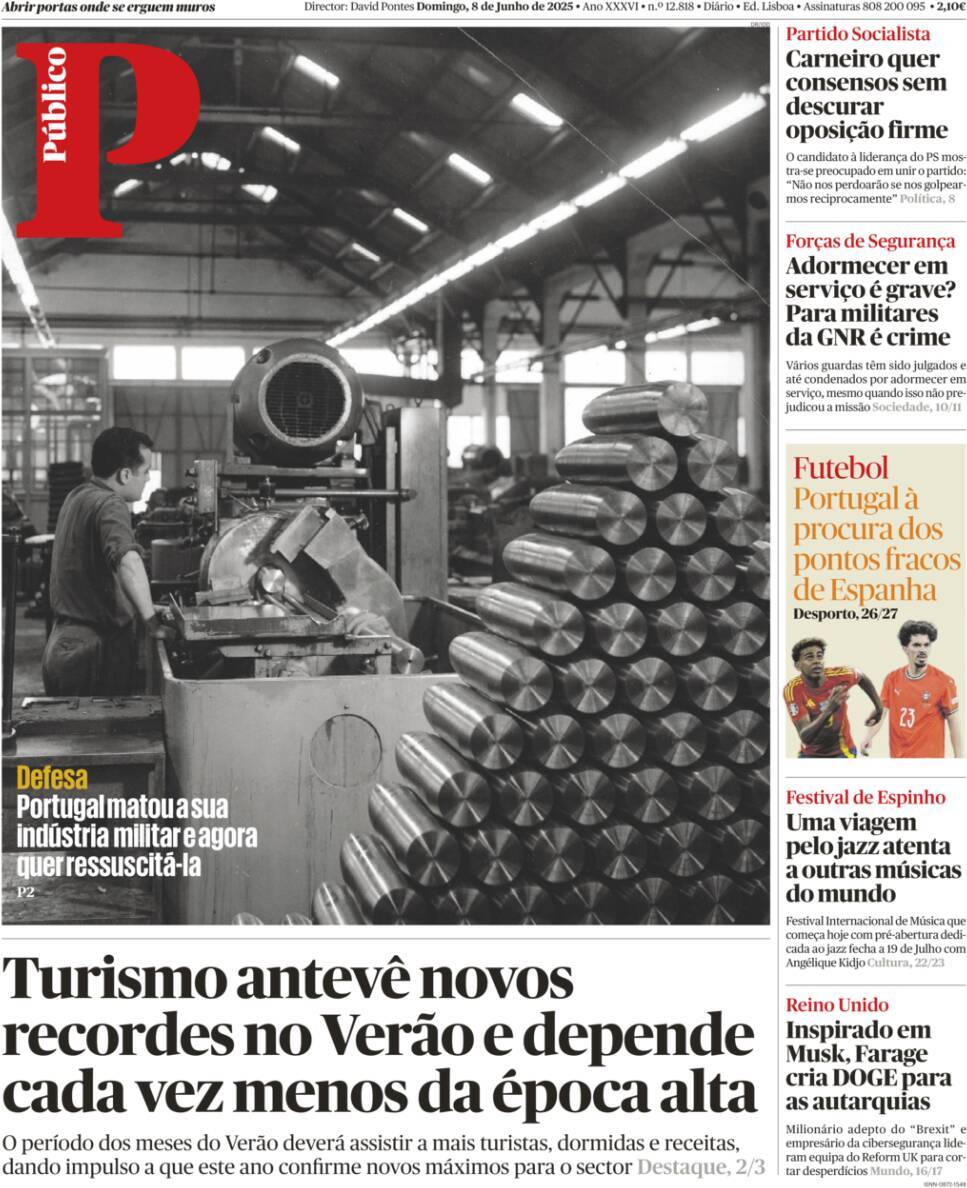 P&uacute;blico: Capa da Edi&ccedil;&atilde;o de domingo, 08 de junho 2025