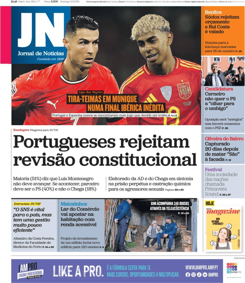 Jornal de Not&iacute;cias: Capa da Edi&ccedil;&atilde;o de domingo, 08 de junho 2025