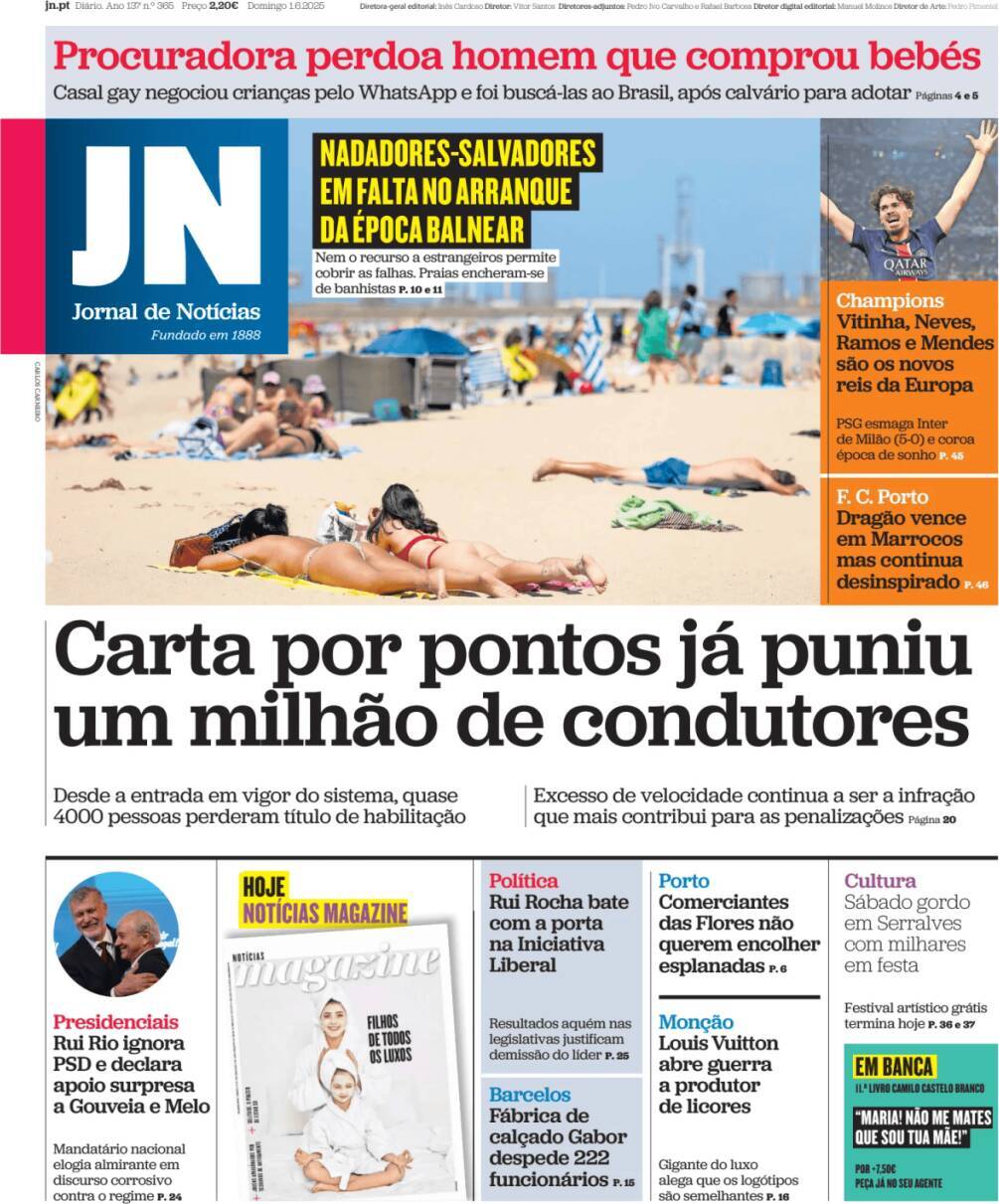 Jornal de Not&iacute;cias: Capa da Edi&ccedil;&atilde;o de domingo, 01 de junho 2025