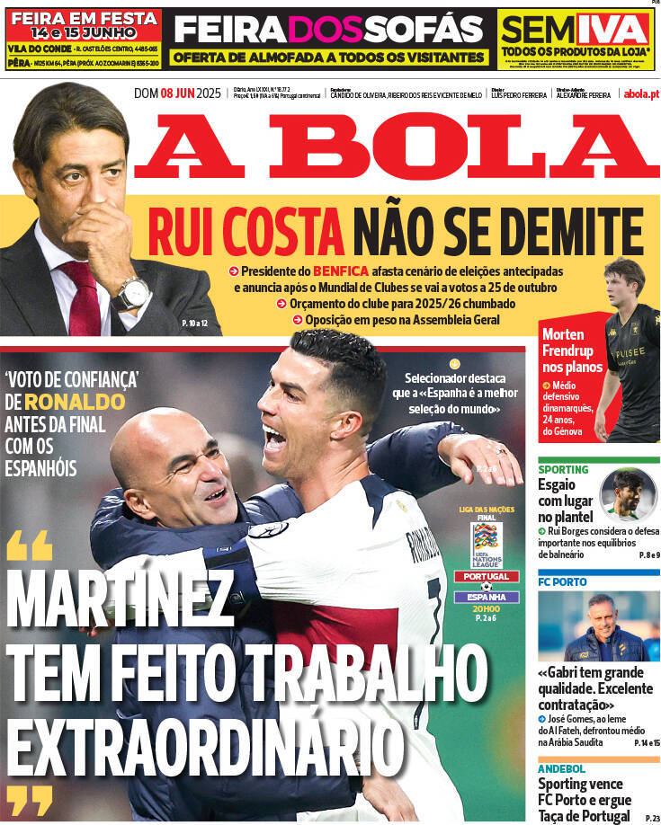 A Bola: Capa da Edi&ccedil;&atilde;o de domingo, 08 de junho 2025
