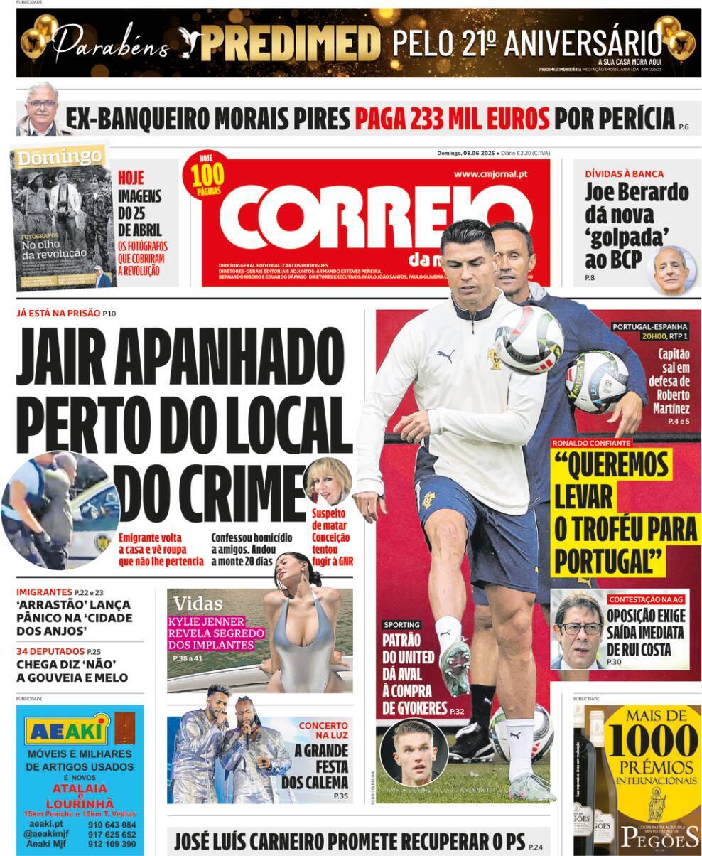 Correio da Manh&atilde;: Capa da Edi&ccedil;&atilde;o de domingo, 08 de junho 2025