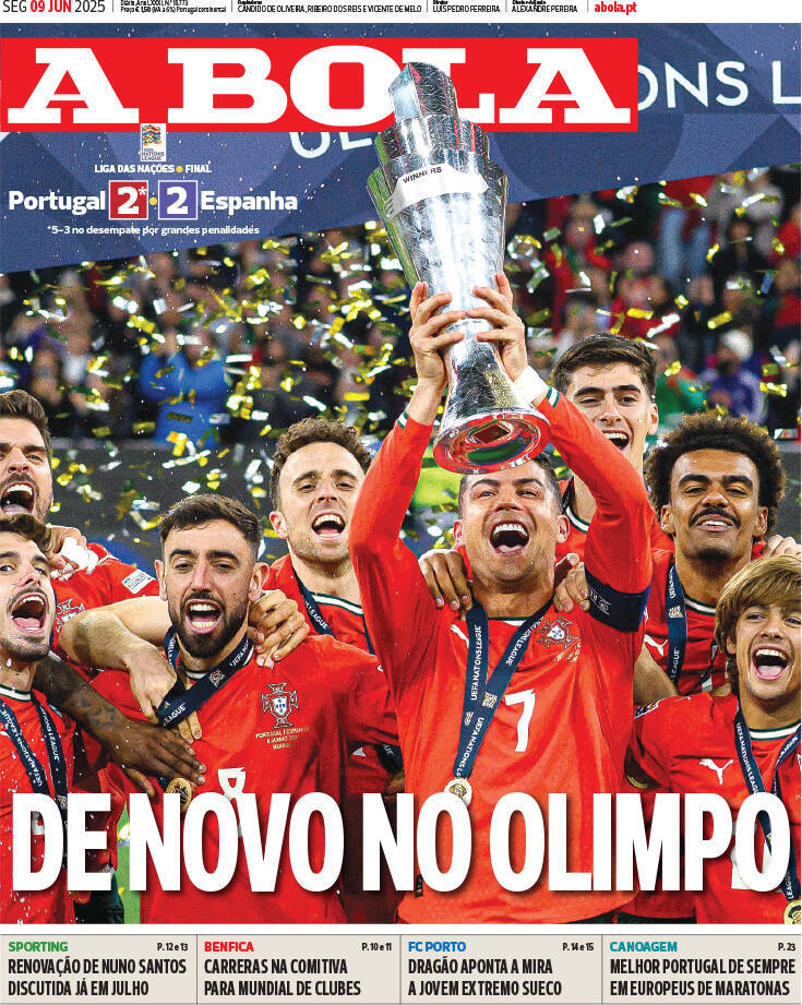 A Bola: Capa da Edi&ccedil;&atilde;o de segunda-feira, 09 de junho 2025