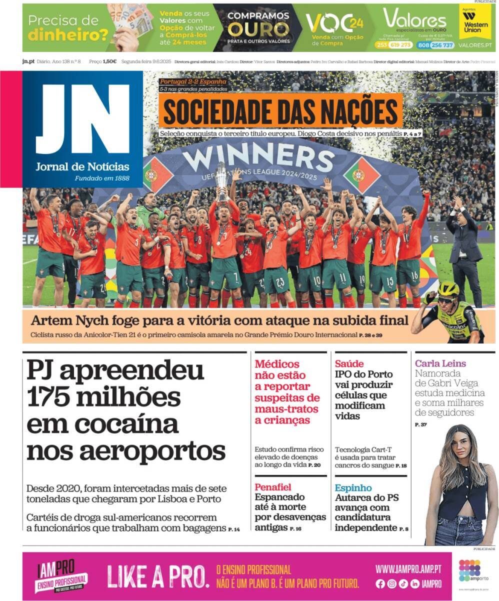 Jornal de Not&iacute;cias: Capa da Edi&ccedil;&atilde;o de segunda-feira, 09 de junho 2025