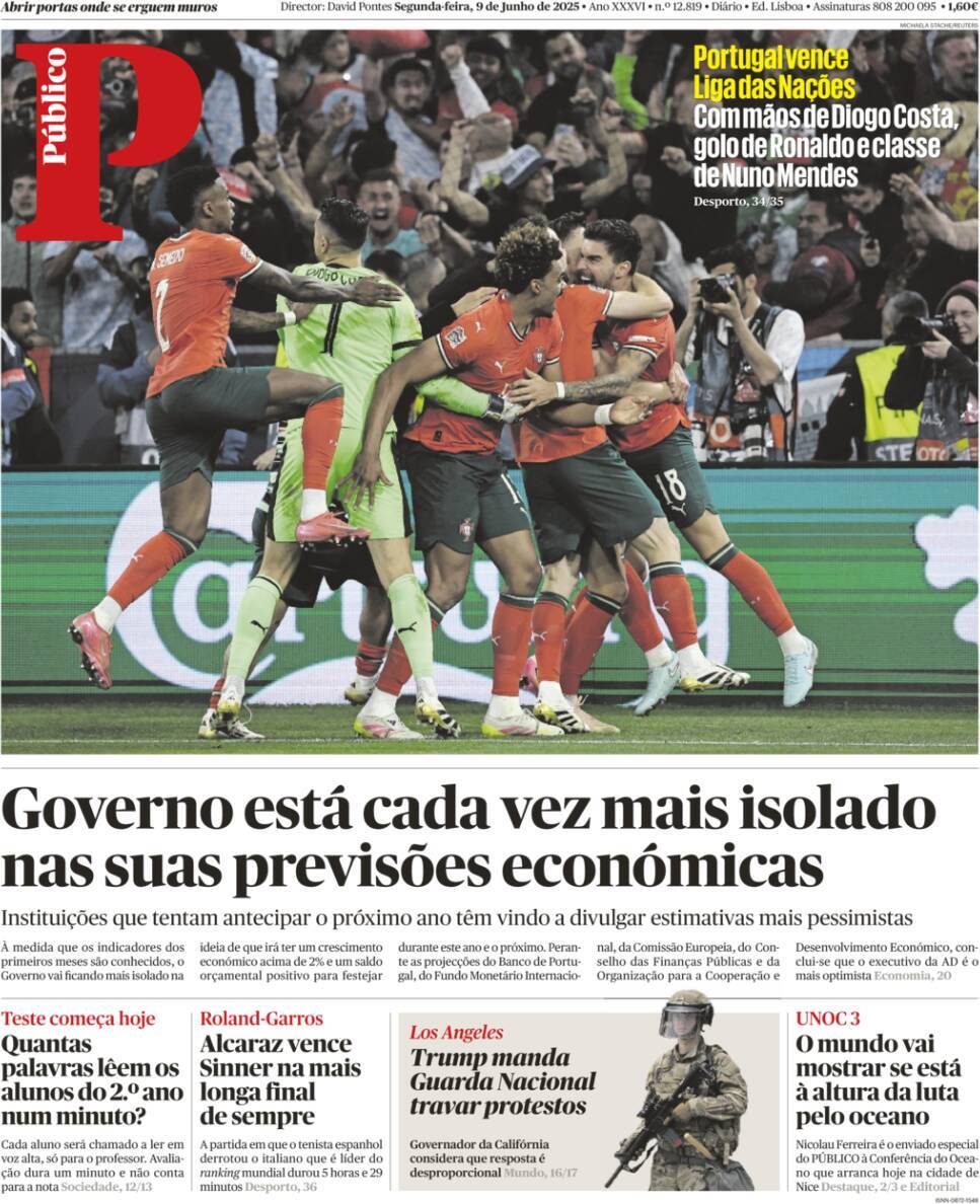 P&uacute;blico: Capa da Edi&ccedil;&atilde;o de segunda-feira, 09 de junho 2025