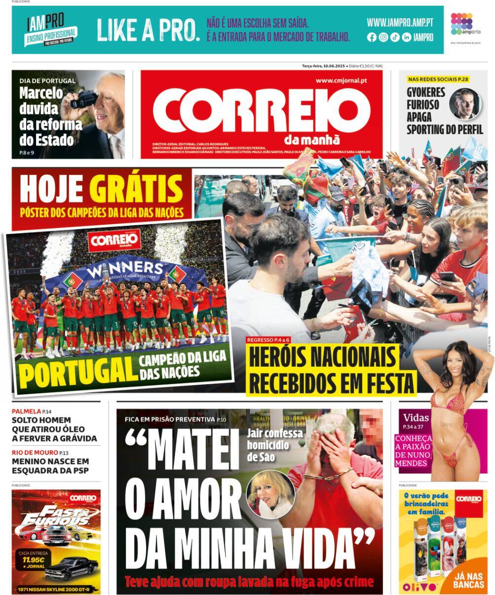 Correio da Manh&atilde;: Capa da Edi&ccedil;&atilde;o de ter&ccedil;a-feira, 10 de junho 2025