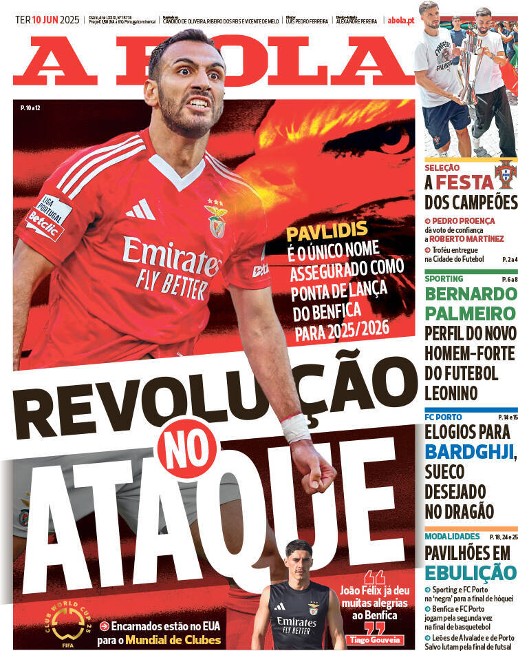 A Bola: Capa da Edi&ccedil;&atilde;o de ter&ccedil;a-feira, 10 de junho 2025