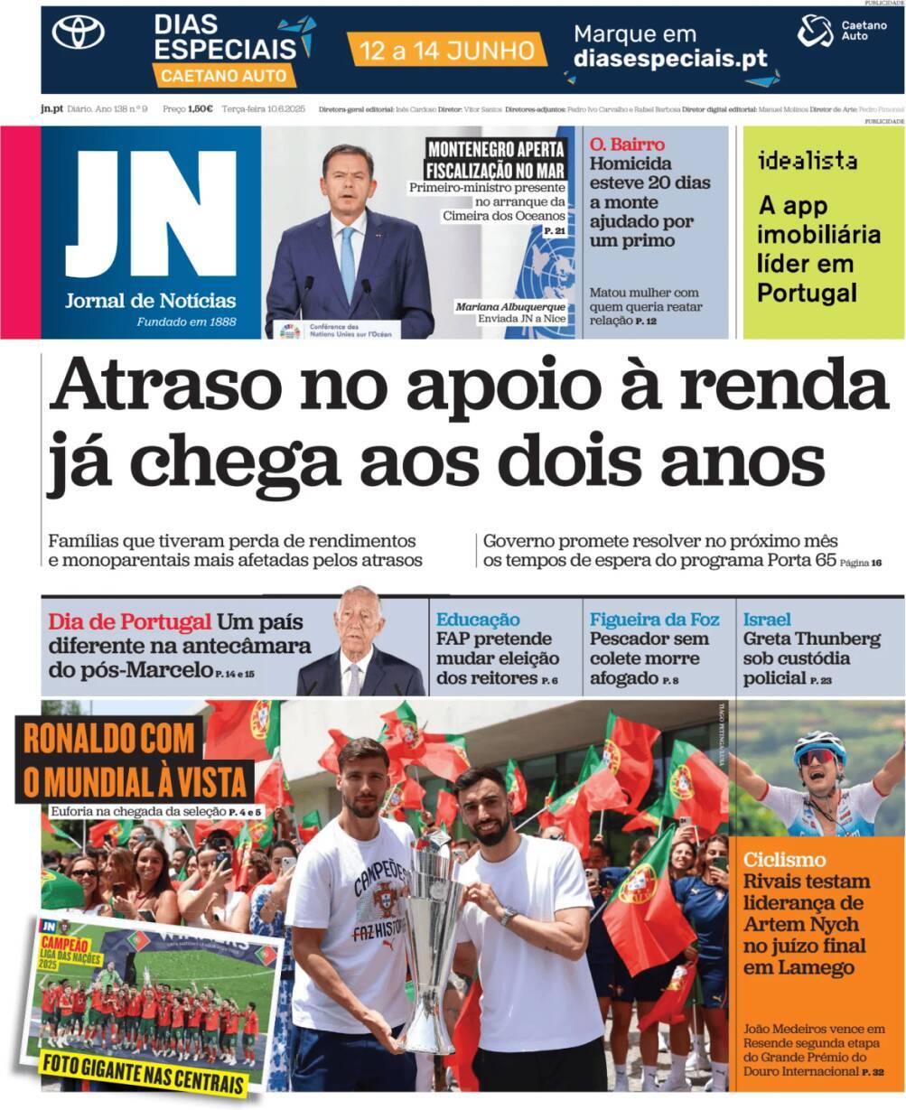 Jornal de Not&iacute;cias: Capa da Edi&ccedil;&atilde;o de ter&ccedil;a-feira, 10 de junho 2025