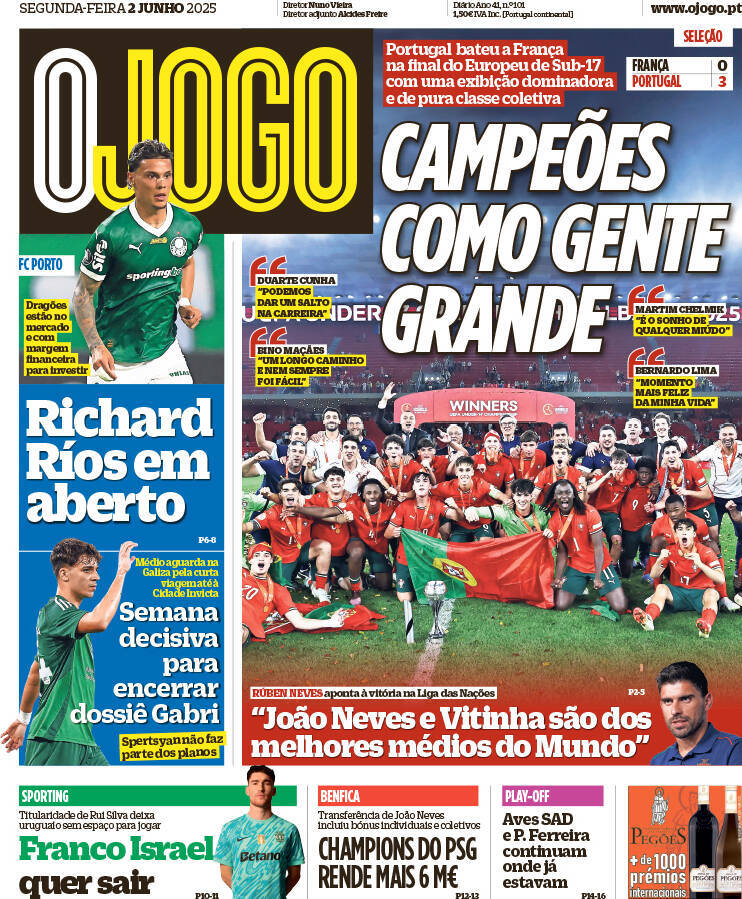 O Jogo: Capa da Edi&ccedil;&atilde;o de segunda-feira, 02 de junho 2025