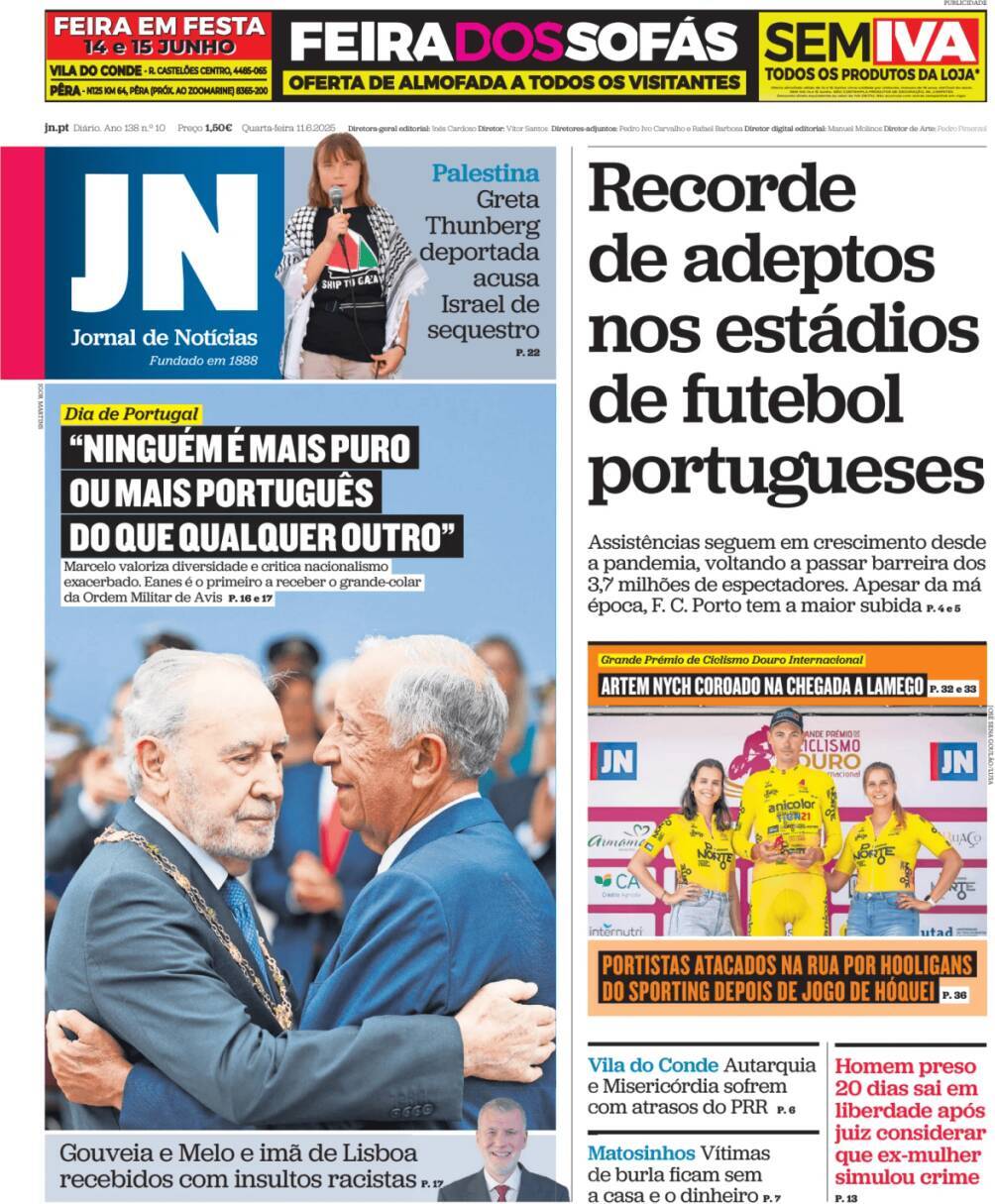 Jornal de Not&iacute;cias: Capa da Edi&ccedil;&atilde;o de quarta-feira, 11 de junho 2025