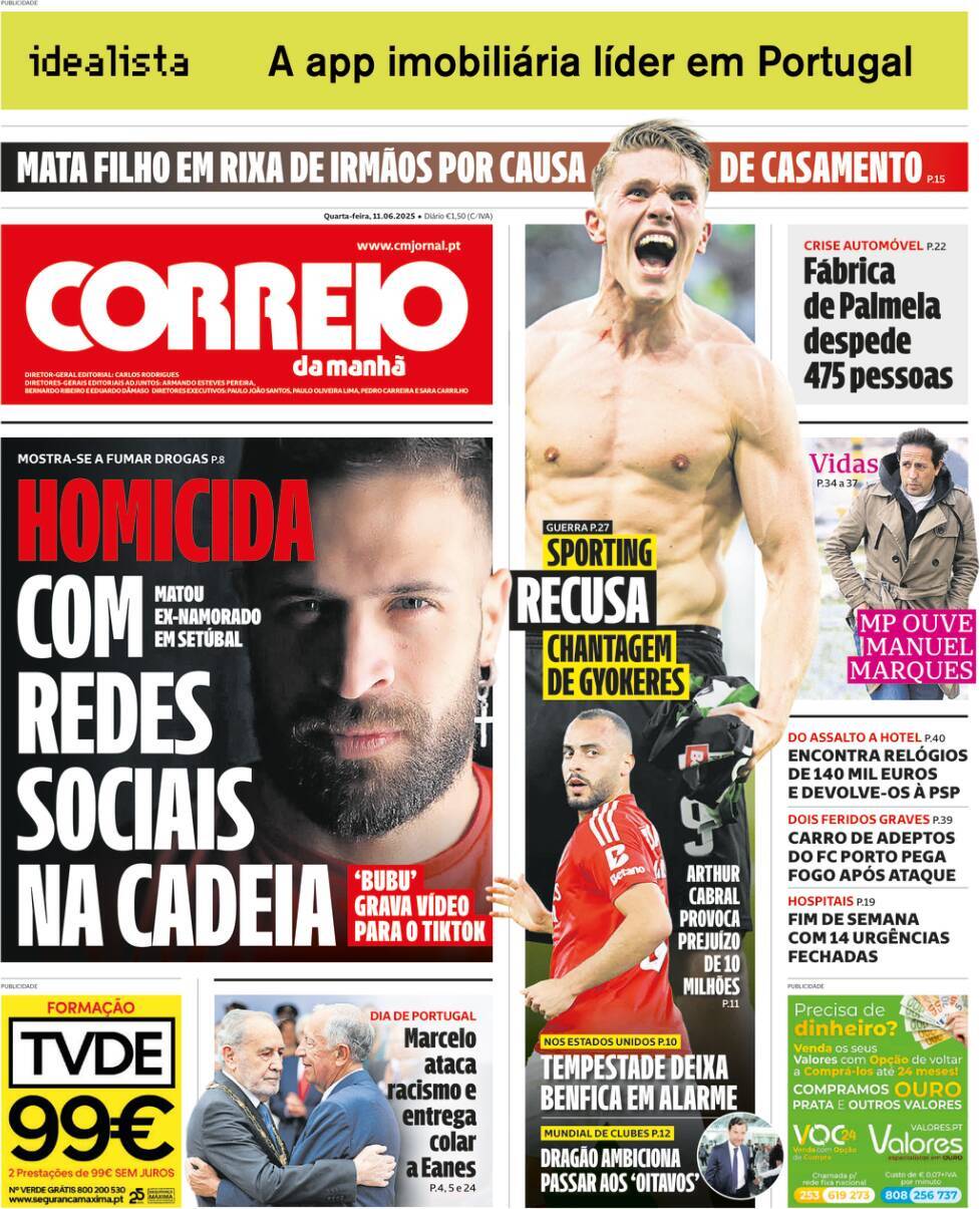 Correio da Manh&atilde;: Capa da Edi&ccedil;&atilde;o de quarta-feira, 11 de junho 2025