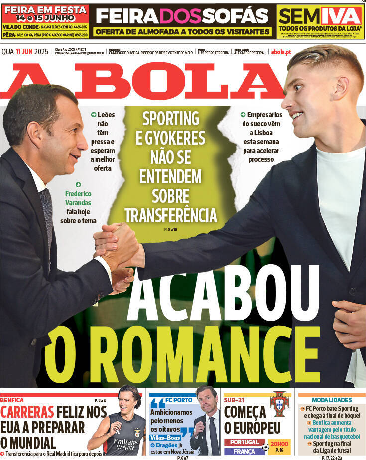 A Bola: Capa da Edi&ccedil;&atilde;o de quarta-feira, 11 de junho 2025