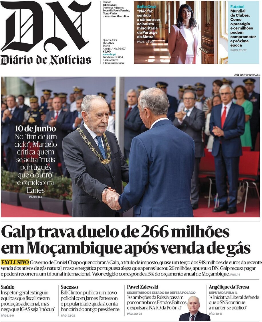 Di&aacute;rio de Not&iacute;cias: Capa da Edi&ccedil;&atilde;o de quarta-feira, 11 de junho 2025