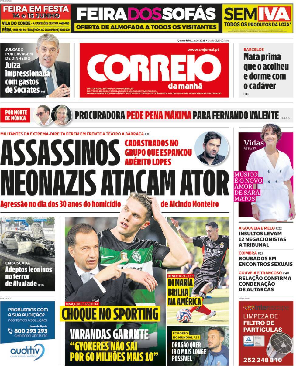 Correio da Manh&atilde;: Capa da Edi&ccedil;&atilde;o de quinta-feira, 12 de junho 2025