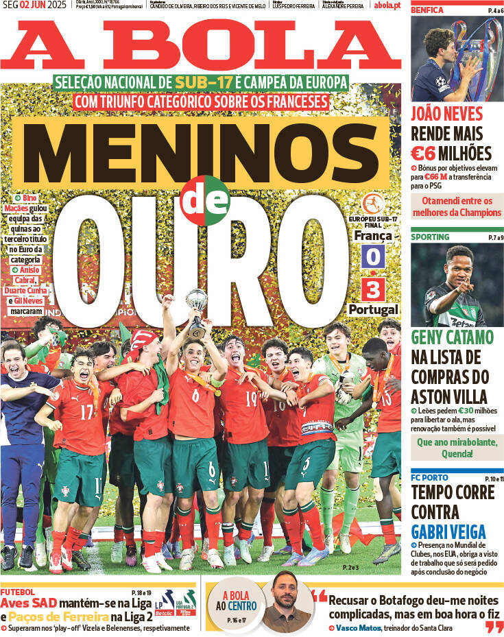 A Bola: Capa da Edi&ccedil;&atilde;o de segunda-feira, 02 de junho 2025