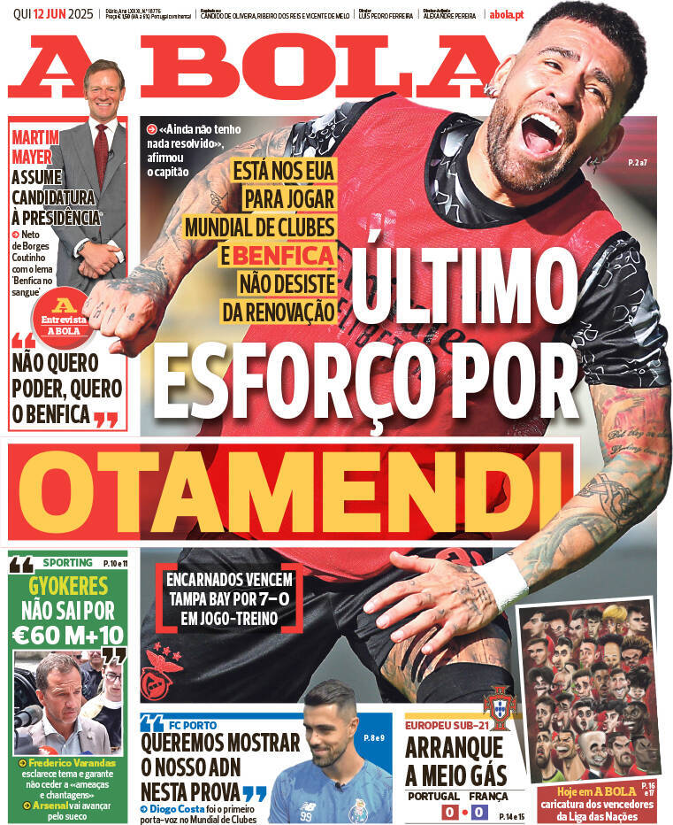 A Bola: Capa da Edi&ccedil;&atilde;o de quinta-feira, 12 de junho 2025