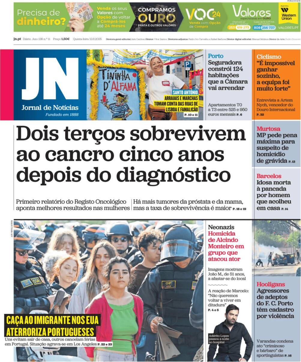 Jornal de Not&iacute;cias: Capa da Edi&ccedil;&atilde;o de quinta-feira, 12 de junho 2025