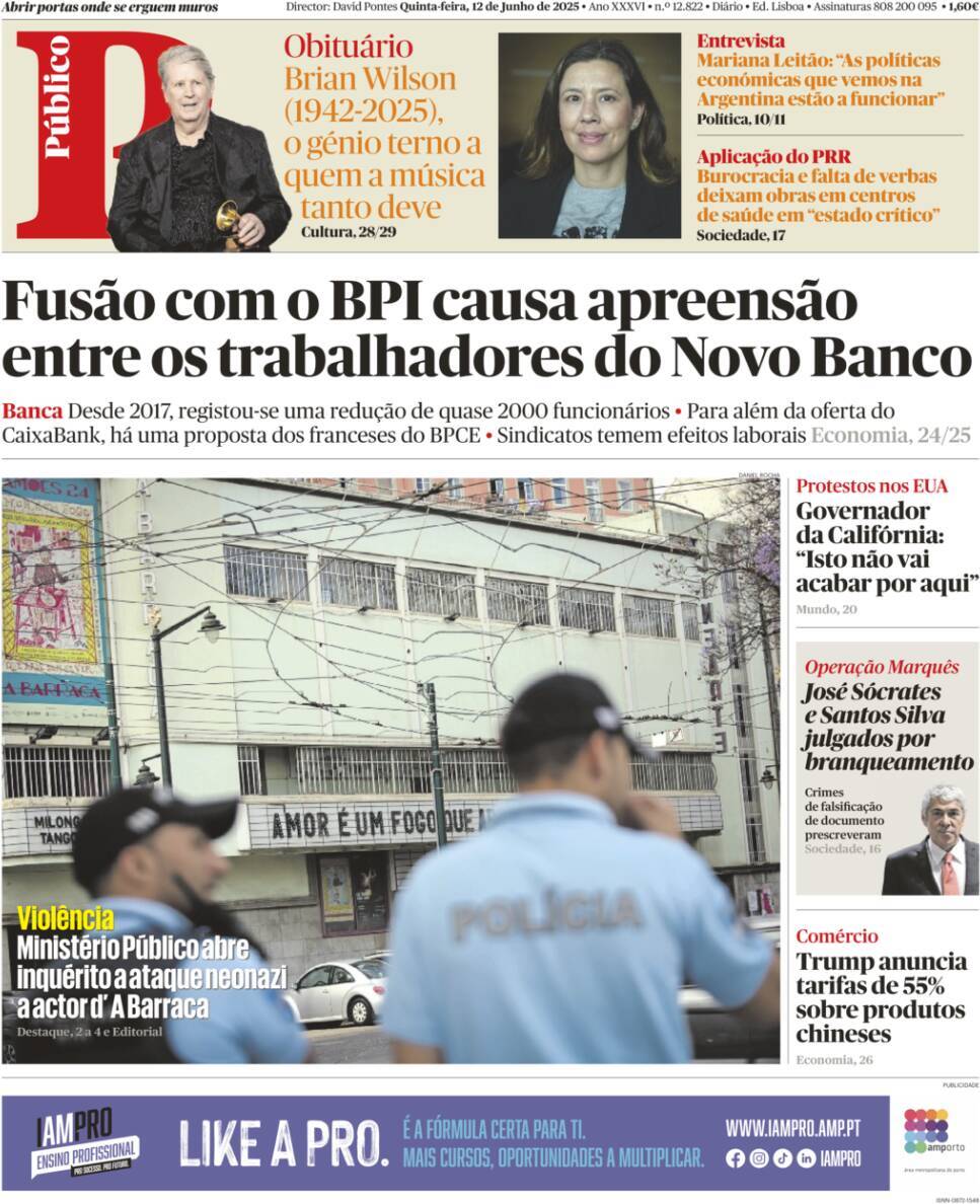 P&uacute;blico: Capa da Edi&ccedil;&atilde;o de quinta-feira, 12 de junho 2025
