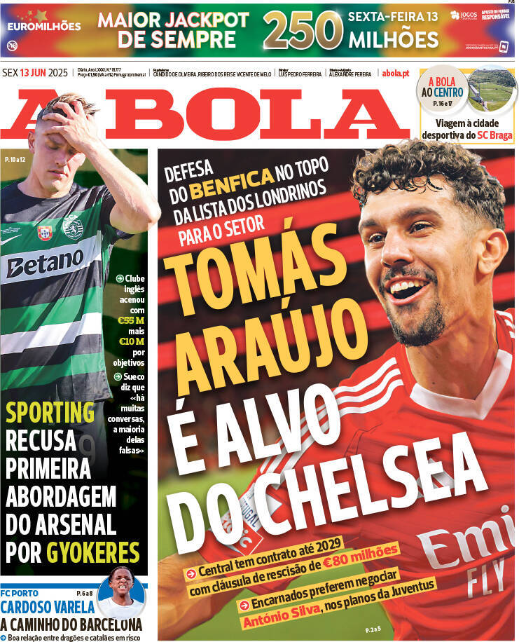 A Bola: Capa da Edi&ccedil;&atilde;o de sexta-feira, 13 de junho 2025