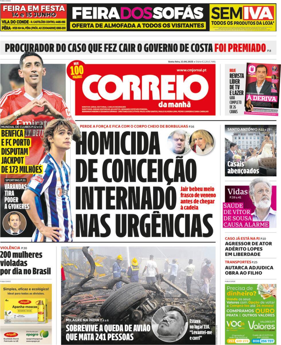 Correio da Manh&atilde;: Capa da Edi&ccedil;&atilde;o de sexta-feira, 13 de junho 2025