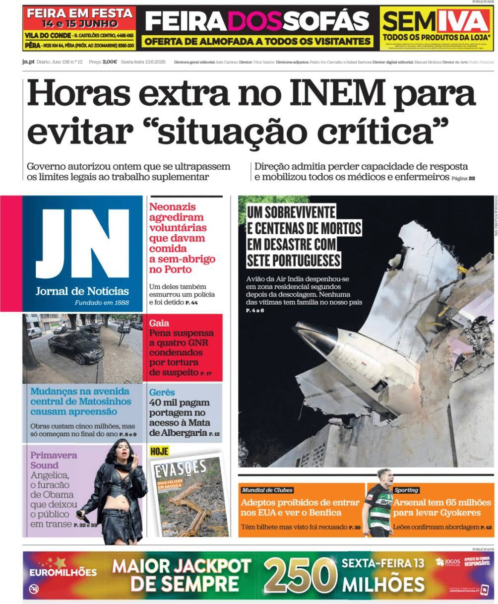 Jornal de Not&iacute;cias: Capa da Edi&ccedil;&atilde;o de sexta-feira, 13 de junho 2025