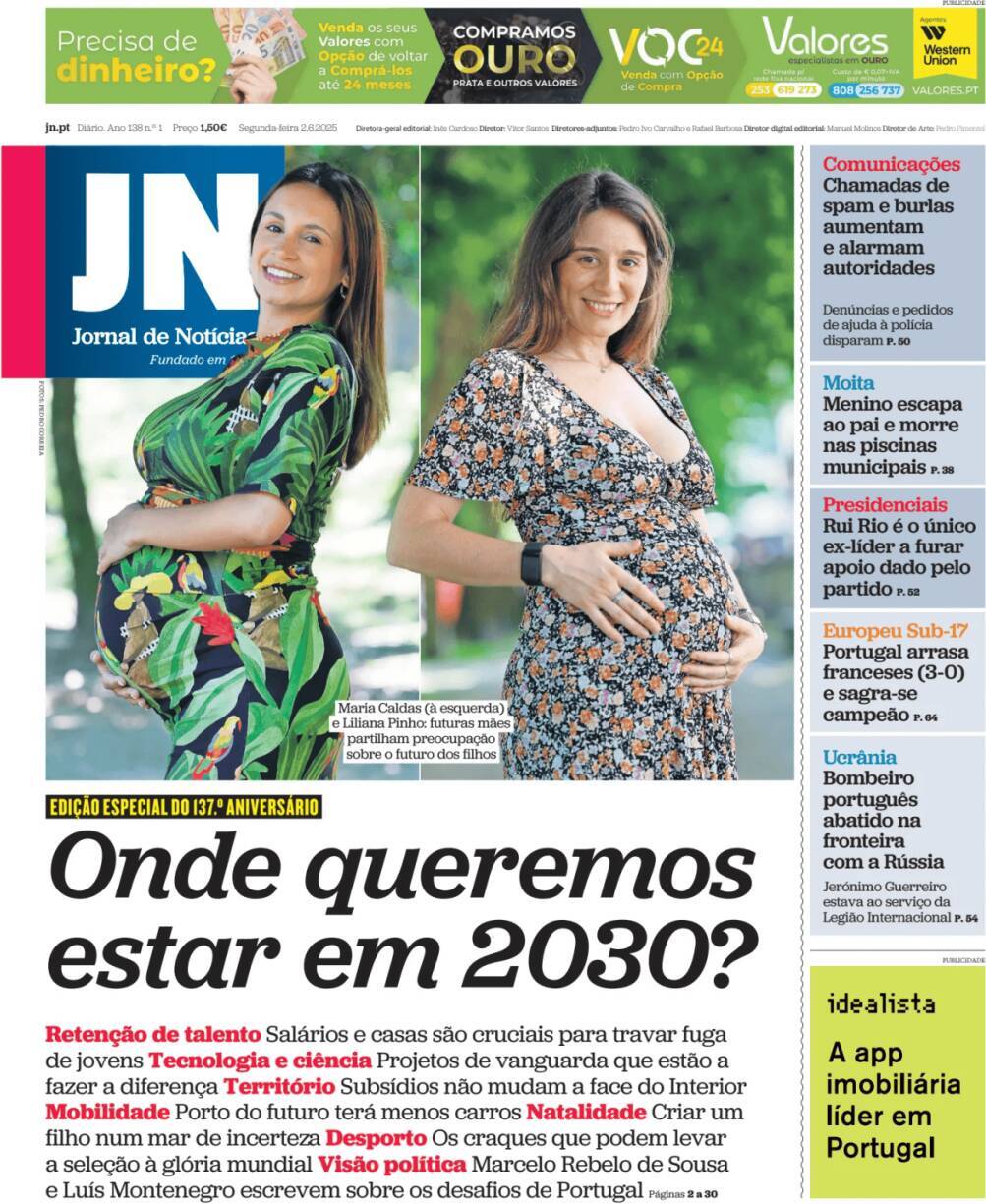Jornal de Not&iacute;cias: Capa da Edi&ccedil;&atilde;o de segunda-feira, 02 de junho 2025