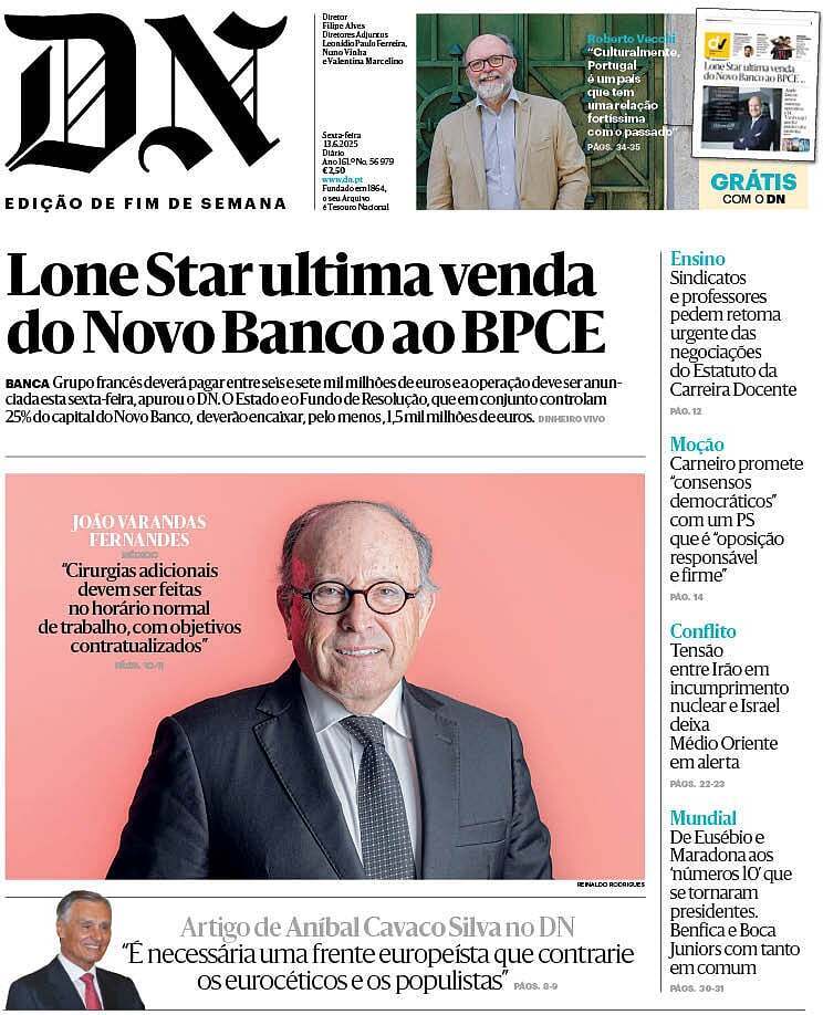 Di&aacute;rio de Not&iacute;cias: Capa da Edi&ccedil;&atilde;o de sexta-feira, 13 de junho 2025