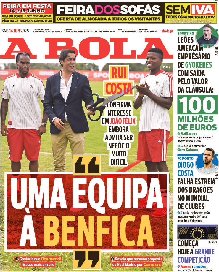 A Bola: Capa da Edi&ccedil;&atilde;o de s&aacute;bado, 14 de junho 2025