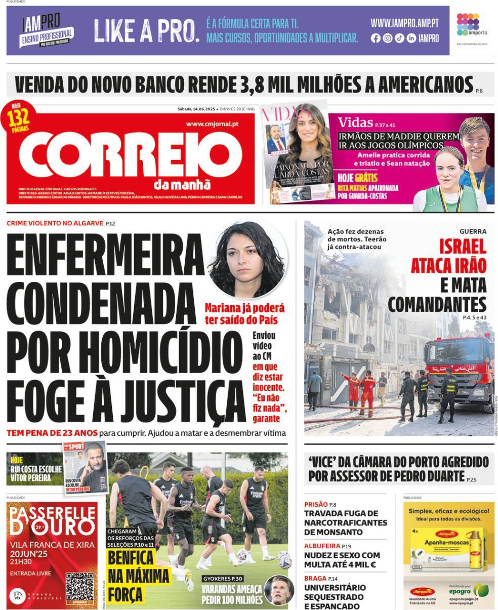 Correio da Manh&atilde;: Capa da Edi&ccedil;&atilde;o de s&aacute;bado, 14 de junho 2025
