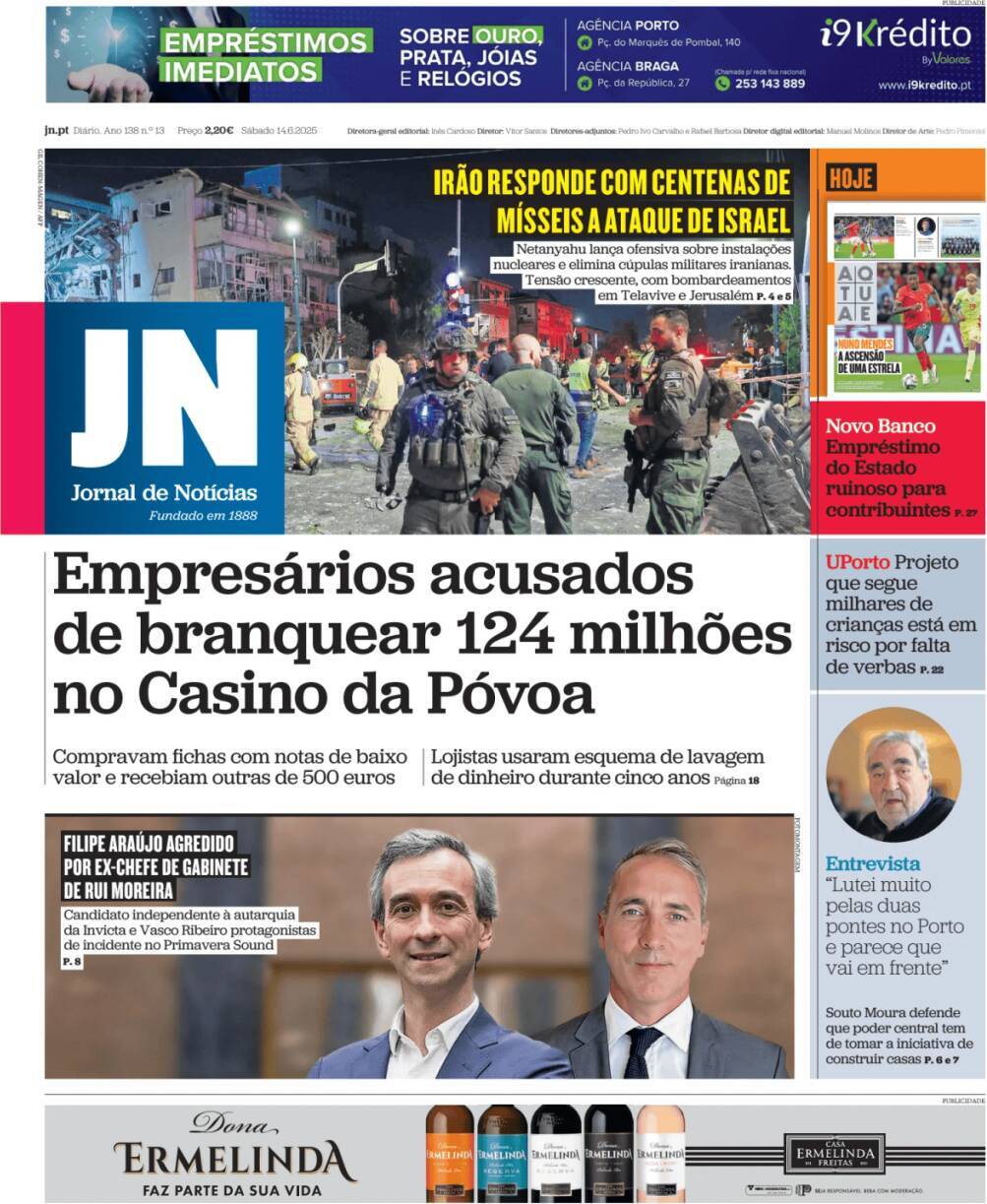 Jornal de Not&iacute;cias: Capa da Edi&ccedil;&atilde;o de s&aacute;bado, 14 de junho 2025
