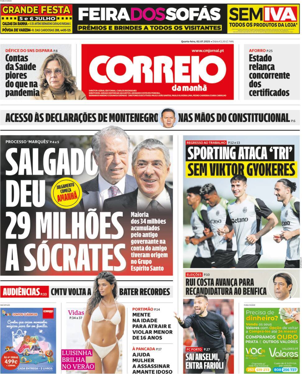 Correio da Manh&atilde;: Capa da Edi&ccedil;&atilde;o de quarta-feira, 02 de julho 2025