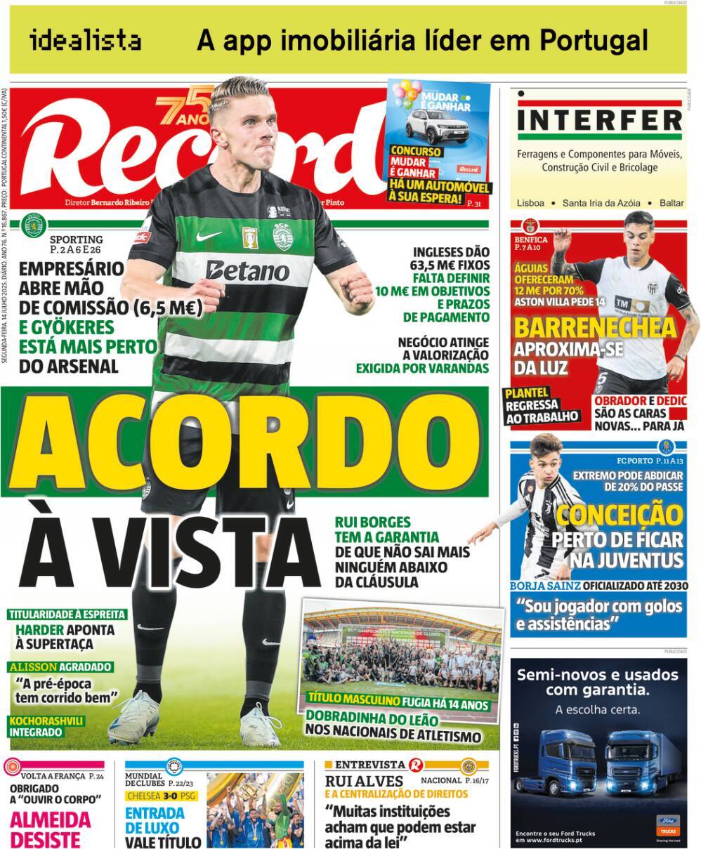Record: Capa da Edi&ccedil;&atilde;o de segunda-feira, 14 de julho 2025