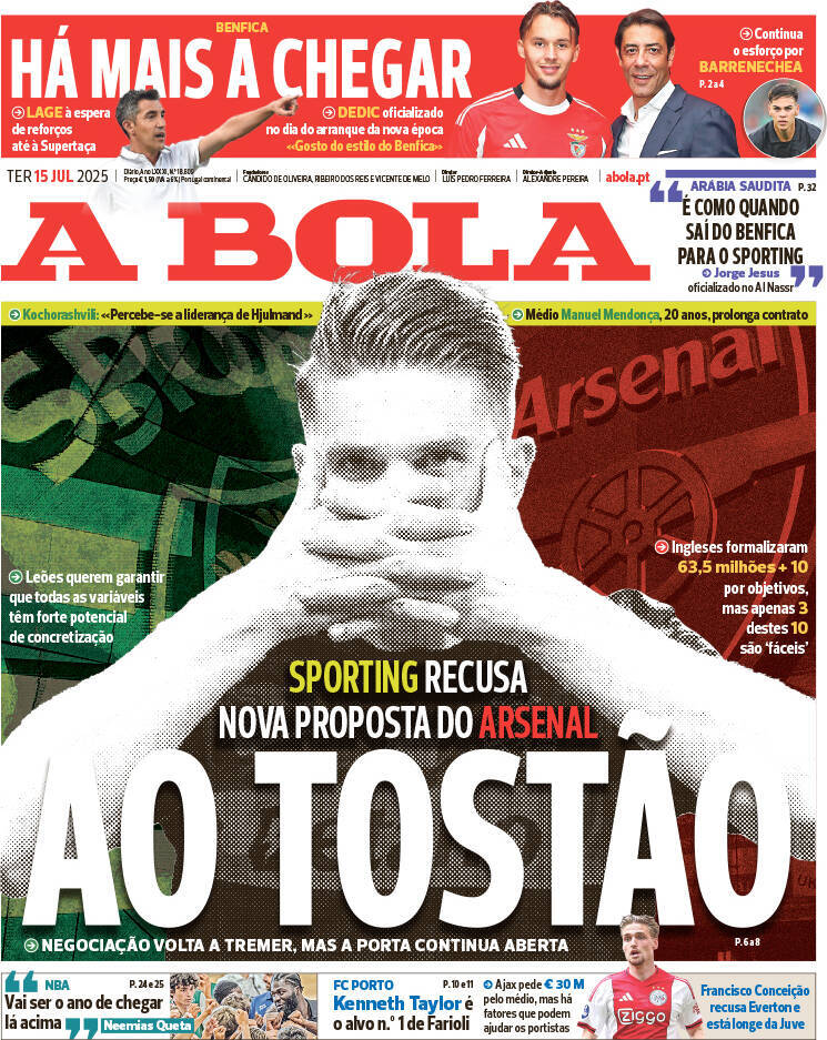 A Bola: Capa da Edi&ccedil;&atilde;o de ter&ccedil;a-feira, 15 de julho 2025