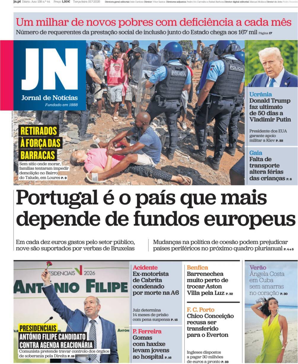 Jornal de Not&iacute;cias: Capa da Edi&ccedil;&atilde;o de ter&ccedil;a-feira, 15 de julho 2025