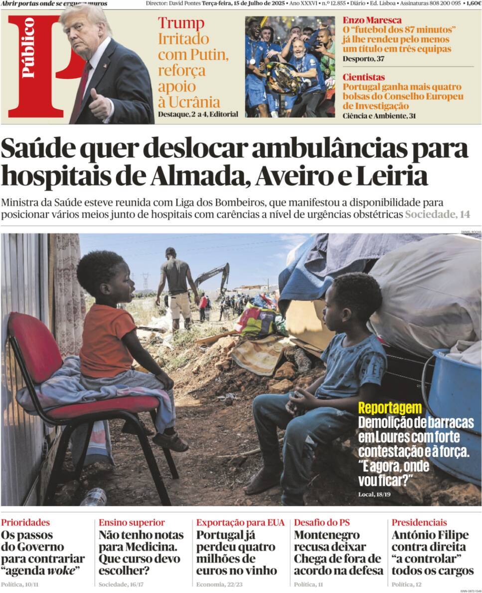 P&uacute;blico: Capa da Edi&ccedil;&atilde;o de ter&ccedil;a-feira, 15 de julho 2025