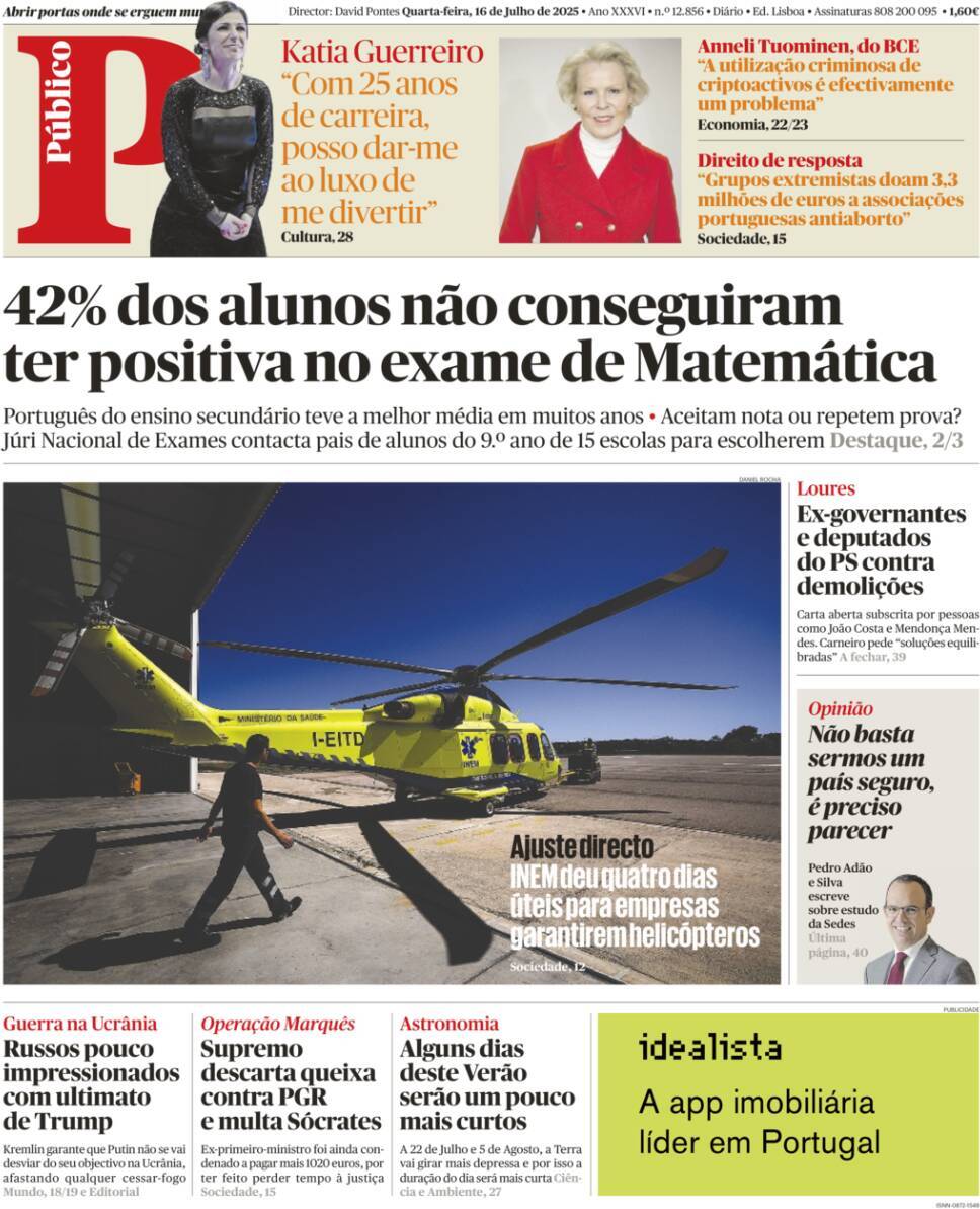 P&uacute;blico: Capa da Edi&ccedil;&atilde;o de quarta-feira, 16 de julho 2025