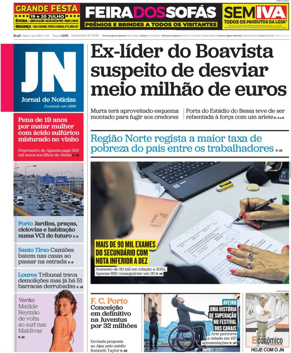 Jornal de Not&iacute;cias: Capa da Edi&ccedil;&atilde;o de quarta-feira, 16 de julho 2025