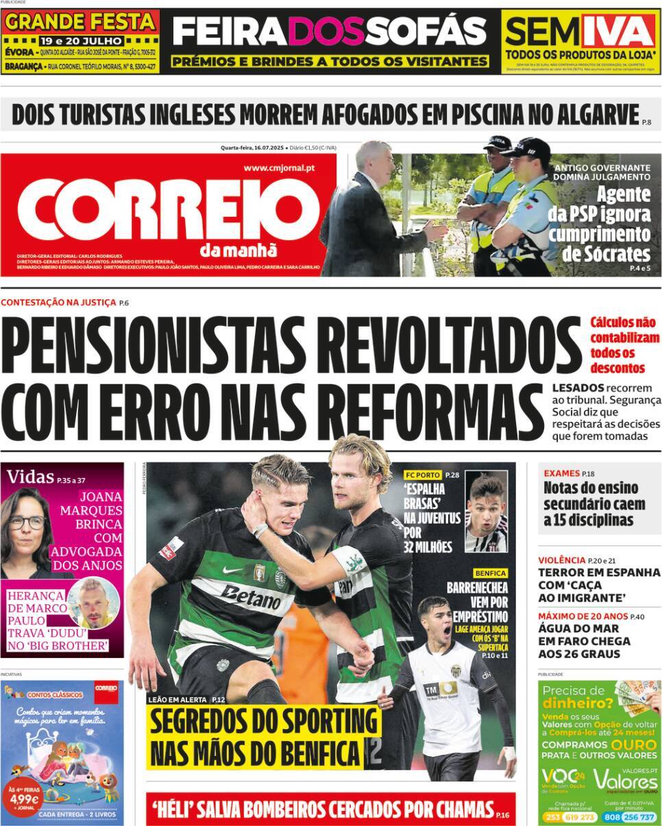 Correio da Manh&atilde;: Capa da Edi&ccedil;&atilde;o de quarta-feira, 16 de julho 2025