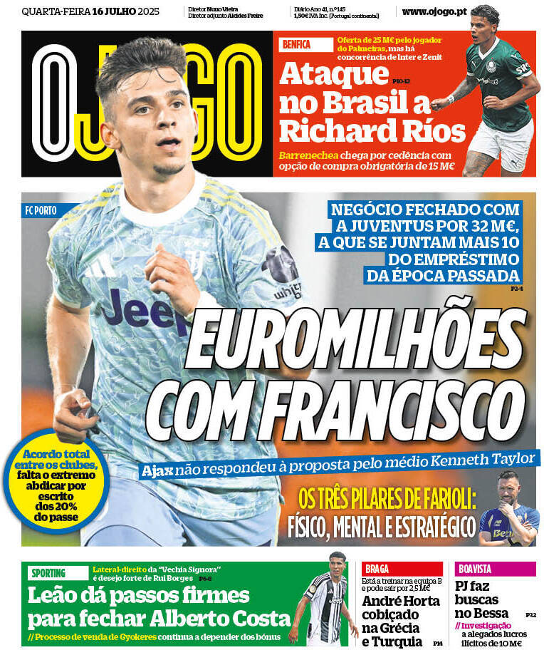 O Jogo: Capa da Edi&ccedil;&atilde;o de quarta-feira, 16 de julho 2025