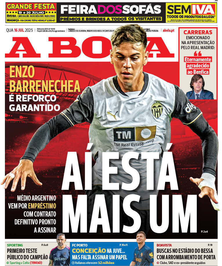 A Bola: Capa da Edi&ccedil;&atilde;o de quarta-feira, 16 de julho 2025