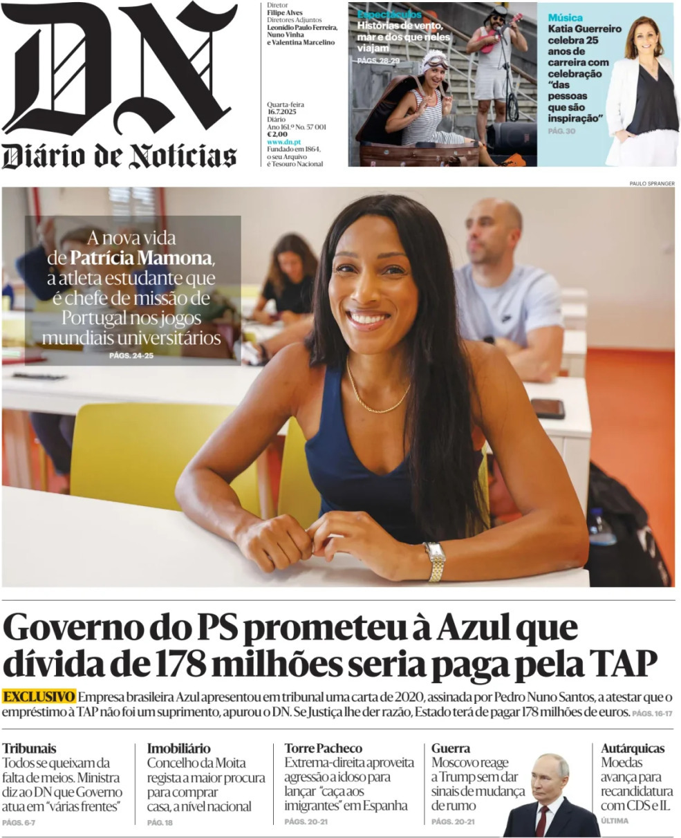 Di&aacute;rio de Not&iacute;cias: Capa da Edi&ccedil;&atilde;o de quarta-feira, 16 de julho 2025