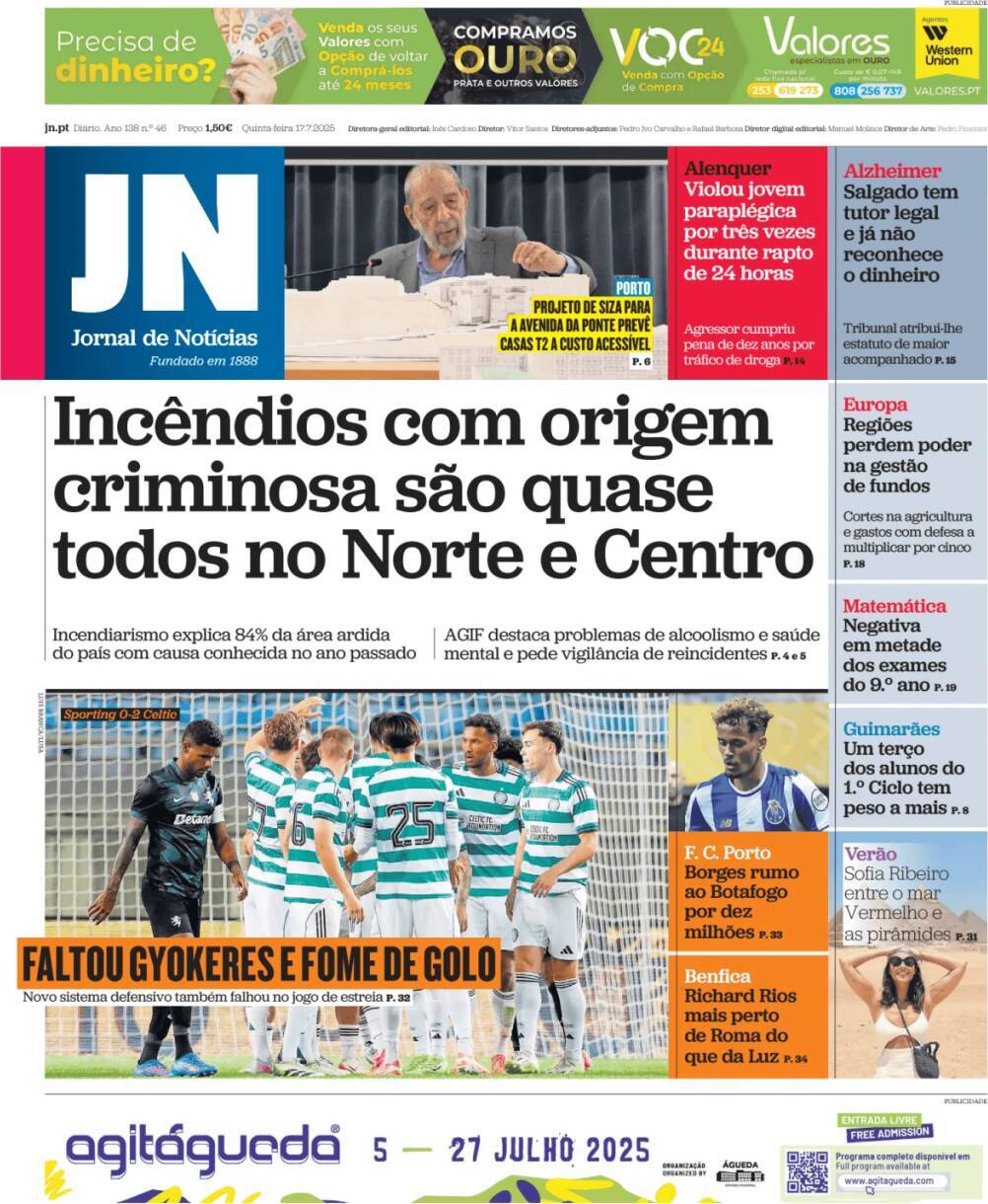 P&uacute;blico: Capa da Edi&ccedil;&atilde;o de quinta-feira, 17 de julho 2025