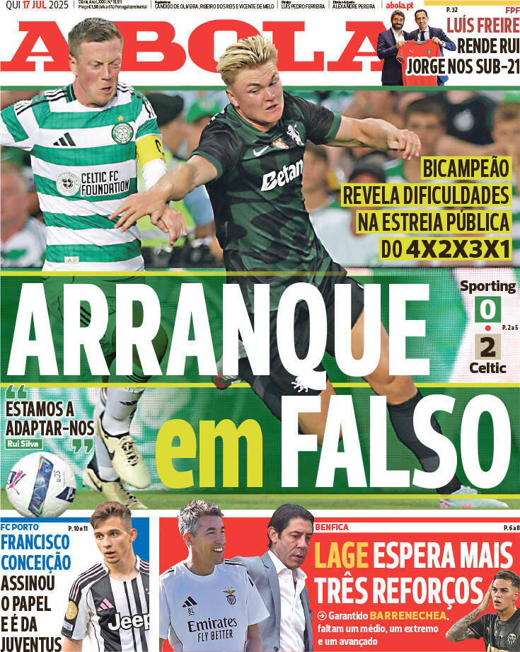 A Bola: Capa da Edi&ccedil;&atilde;o de quinta-feira, 17 de julho 2025