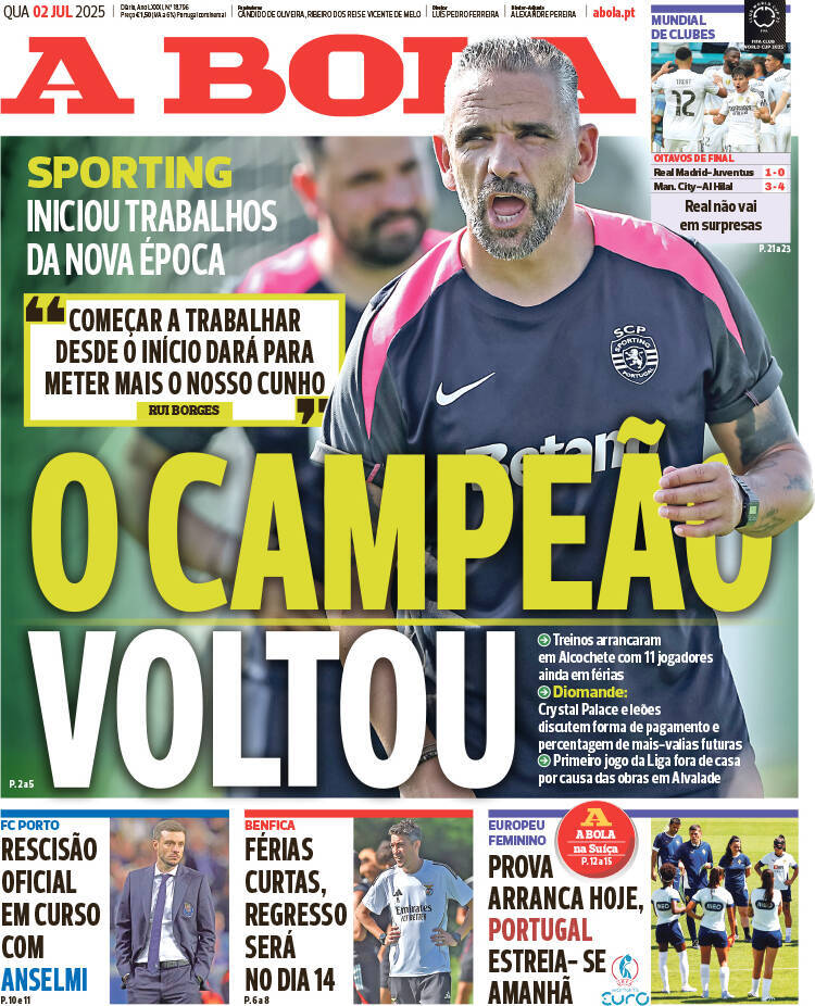 A Bola: Capa da Edi&ccedil;&atilde;o de quarta-feira, 02 de julho 2025