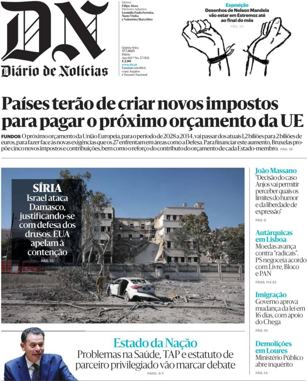 Di&aacute;rio de Not&iacute;cias: Capa da Edi&ccedil;&atilde;o de quinta-feira, 17 de julho 2025