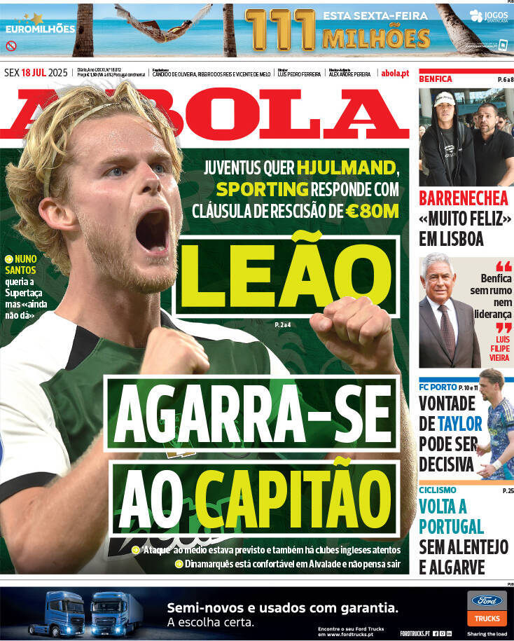 A Bola: Capa da Edi&ccedil;&atilde;o de sexta-feira, 18 de julho 2025