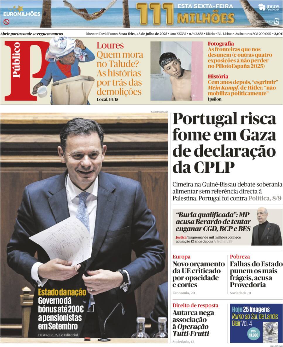 P&uacute;blico: Capa da Edi&ccedil;&atilde;o de sexta-feira, 18 de julho 2025