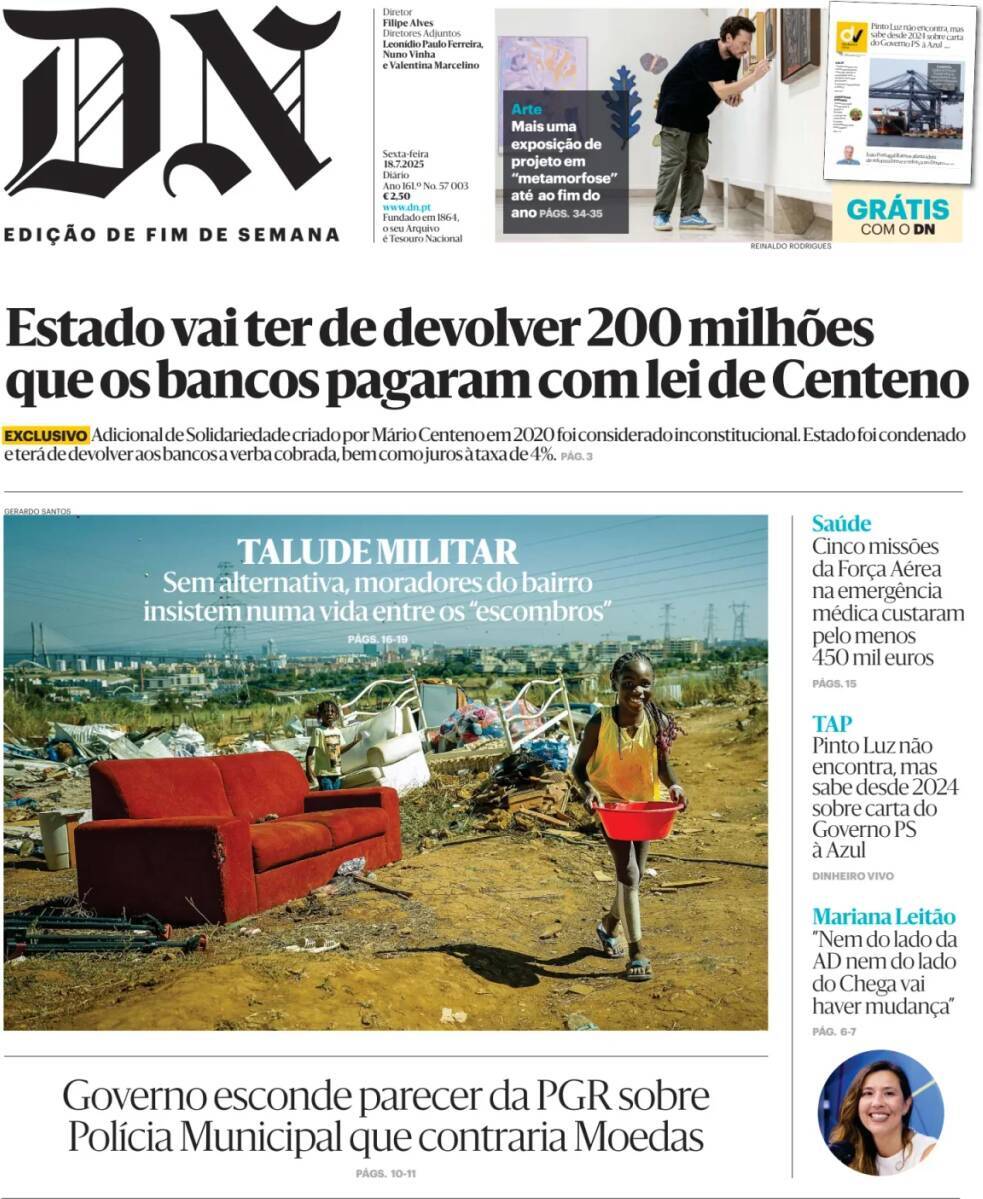Di&aacute;rio de Not&iacute;cias: Capa da Edi&ccedil;&atilde;o de sexta-feira, 18 de julho 2025