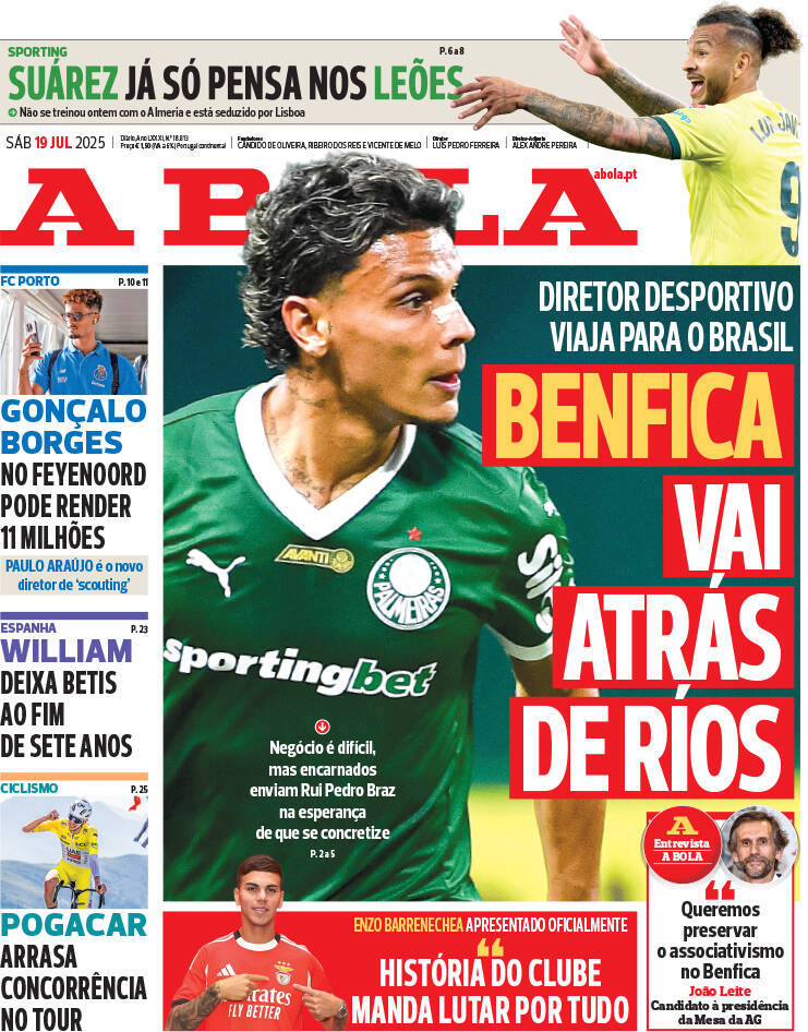 A Bola: Capa da Edi&ccedil;&atilde;o de s&aacute;bado, 19 de julho 2025
