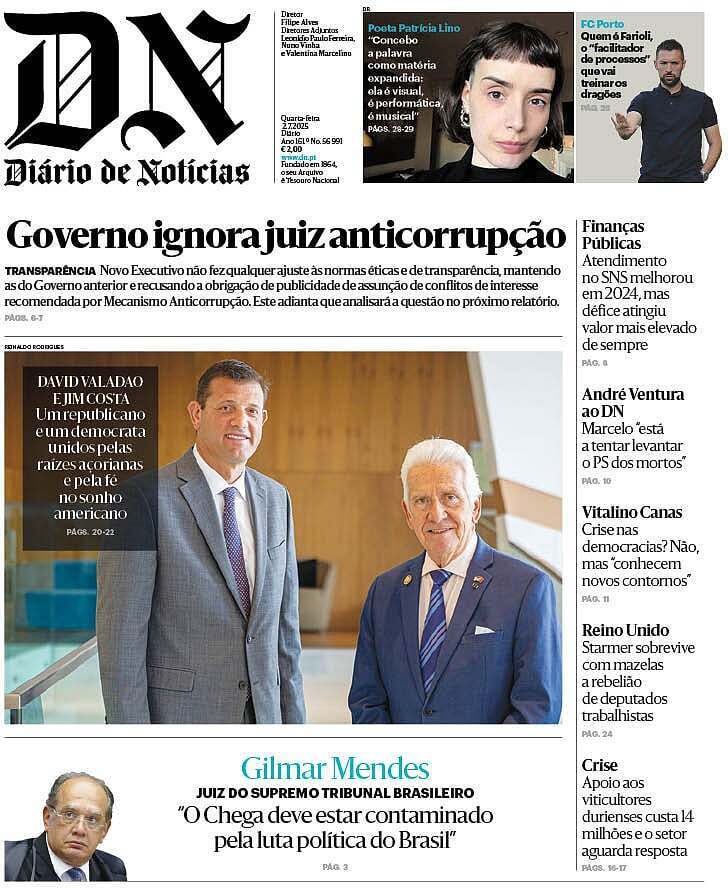 Di&aacute;rio de Not&iacute;cias: Capa da Edi&ccedil;&atilde;o de quarta-feira, 02 de julho 2025